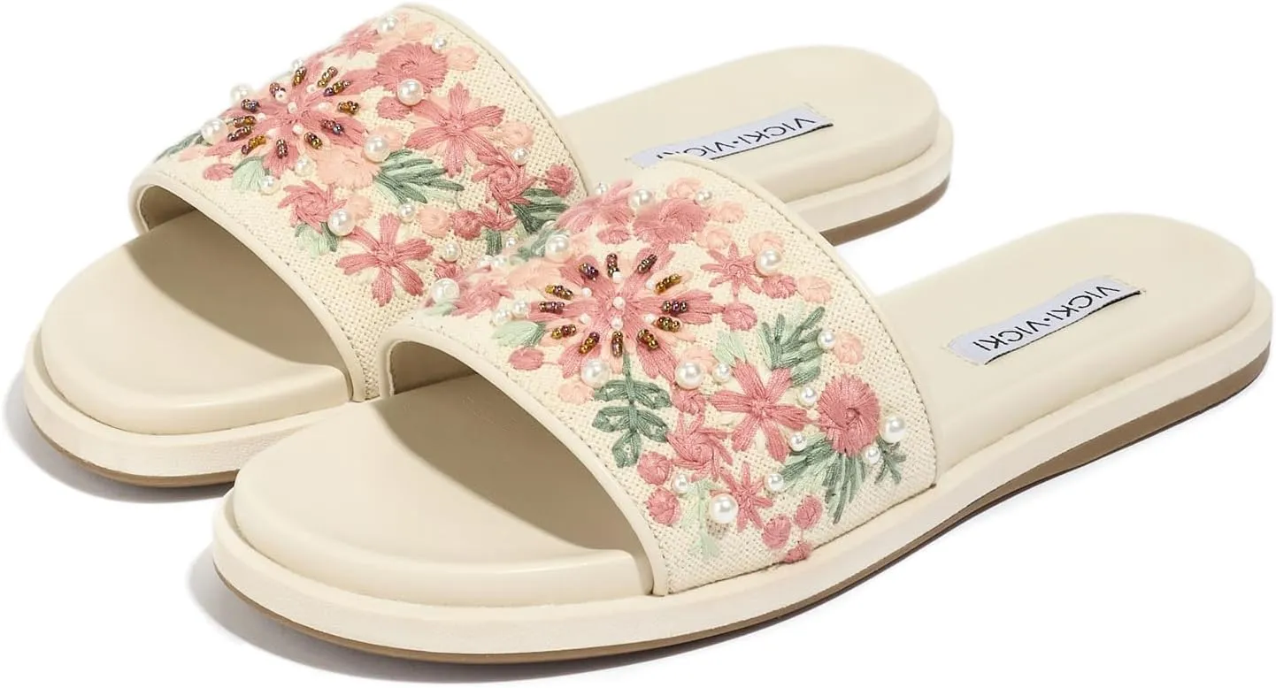 Slides for Women Comfortable Slip On Flat Sandals for Women Casual House Slippers Outdoor Fashion Embroidered Summer Beach Sandals