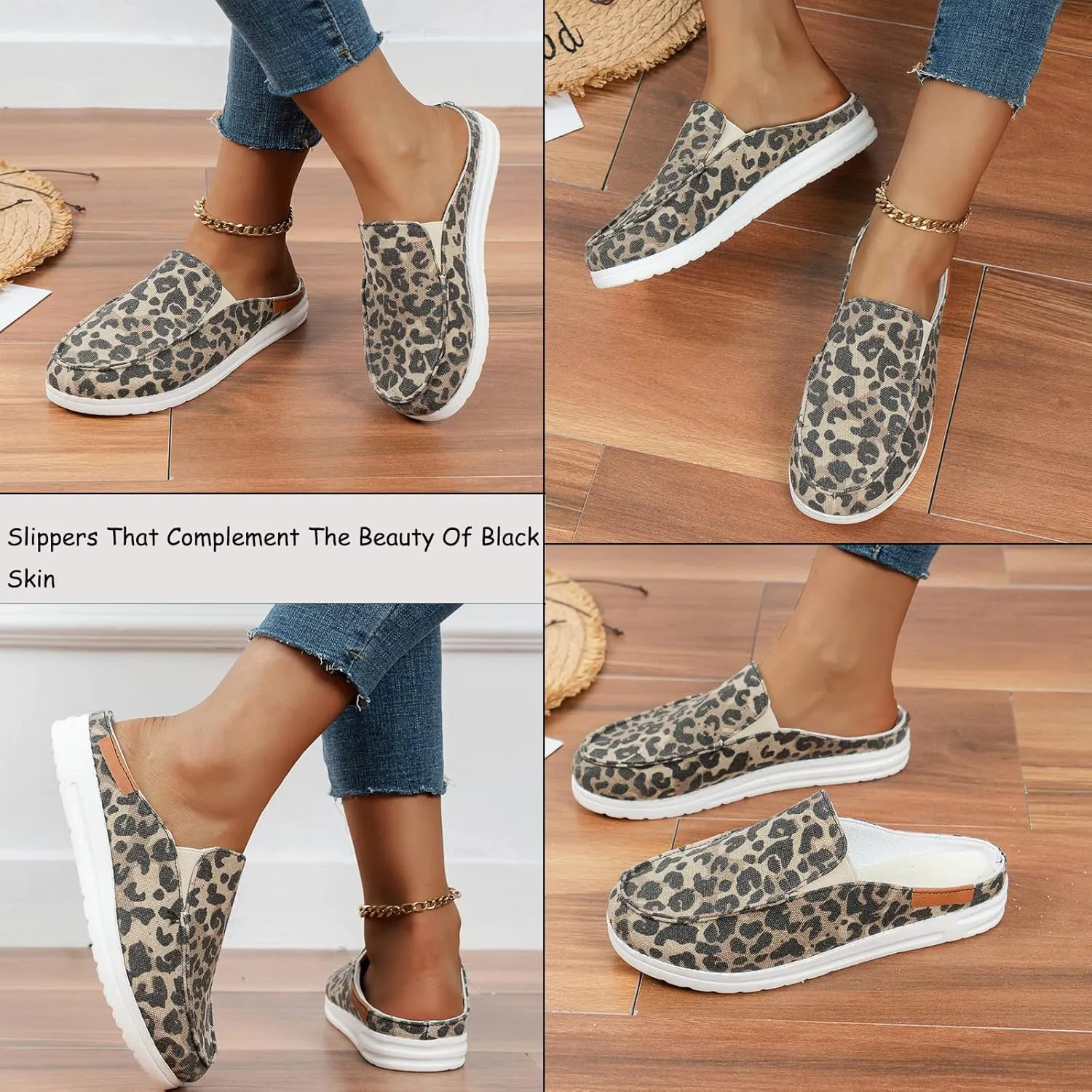 SOLPNOW Women'S Canvas Leopard Print Mule Flat Slippers,Slip On Breathable Non-Slip Casual Sneakers,Summer Work Nurse Slippers