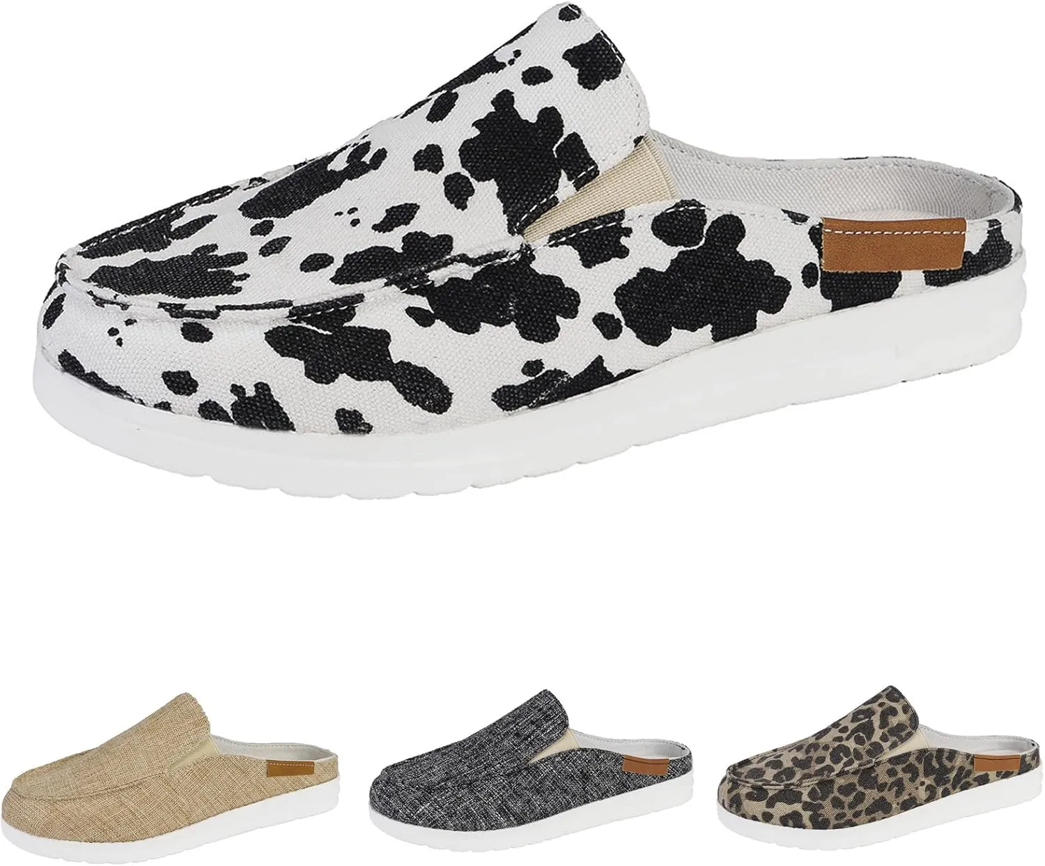SOLPNOW Women'S Canvas Leopard Print Mule Flat Slippers,Slip On Breathable Non-Slip Casual Sneakers,Summer Work Nurse Slippers