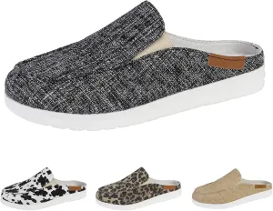 SOLPNOW Women'S Canvas Leopard Print Mule Flat Slippers,Slip On Breathable Non-Slip Casual Sneakers,Summer Work Nurse Slippers