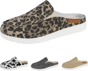 SOLPNOW Women'S Canvas Leopard Print Mule Flat Slippers,Slip On Breathable Non-Slip Casual Sneakers,Summer Work Nurse Slippers