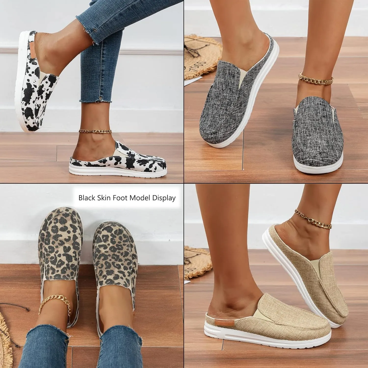 SOLPNOW Women'S Canvas Leopard Print Mule Flat Slippers,Slip On Breathable Non-Slip Casual Sneakers,Summer Work Nurse Slippers