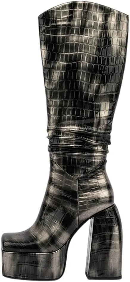 Spike Heels Platform Boots Snakeskin Heels Boots Chunky Heel Square Toe Boots