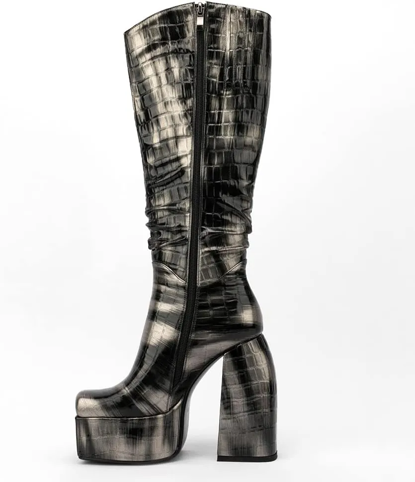 Spike Heels Platform Boots Snakeskin Heels Boots Chunky Heel Square Toe Boots