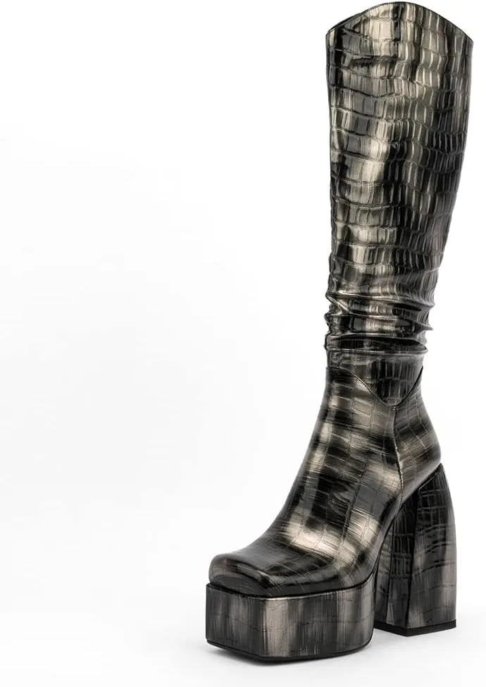 Spike Heels Platform Boots Snakeskin Heels Boots Chunky Heel Square Toe Boots