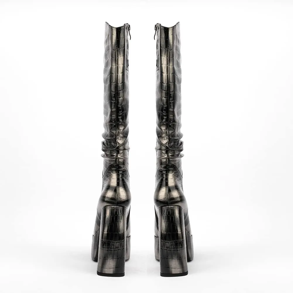 Spike Heels Platform Boots Snakeskin Heels Boots Chunky Heel Square Toe Boots