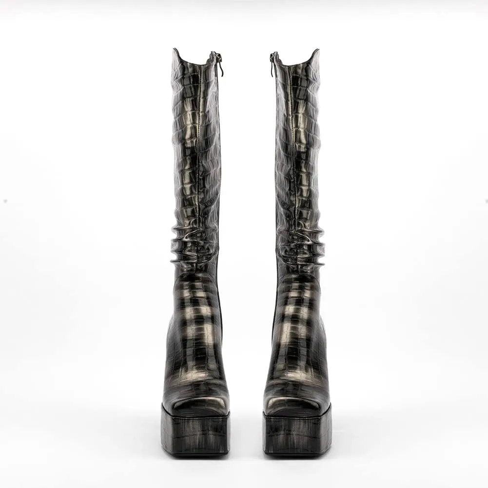 Spike Heels Platform Boots Snakeskin Heels Boots Chunky Heel Square Toe Boots