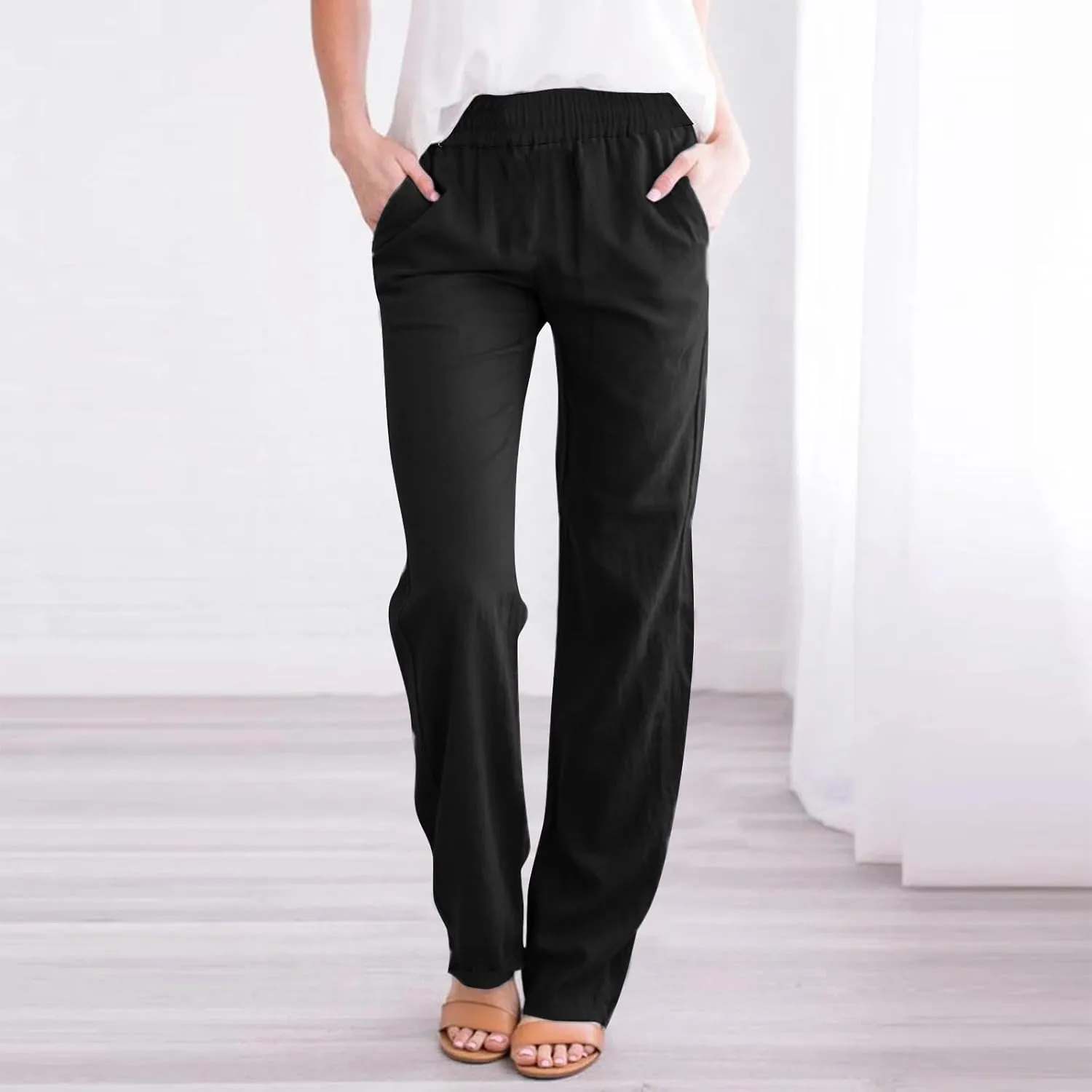 Straight Leg Pants for Women Dressy Casual 2024 Elastic High Waist Sweatpants Long Lounge Pant Trousers with Pockets