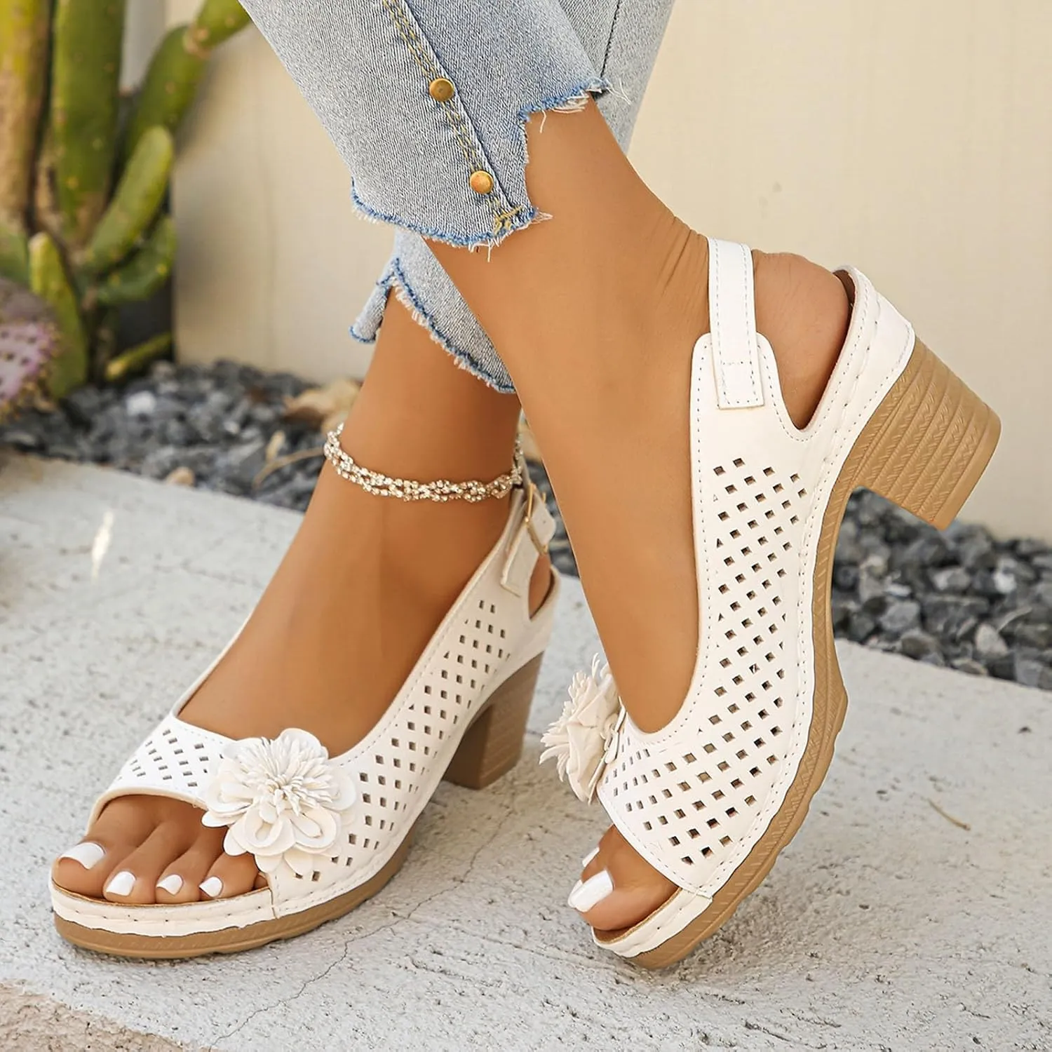 Summer Sandals for Women 2025 New Dressy Open Toe Cutout Chunky Heeled Wedges Sandal Hollow Slip on Beach Boho Comfortable Shoe Outdoor Vacation Party Shoes