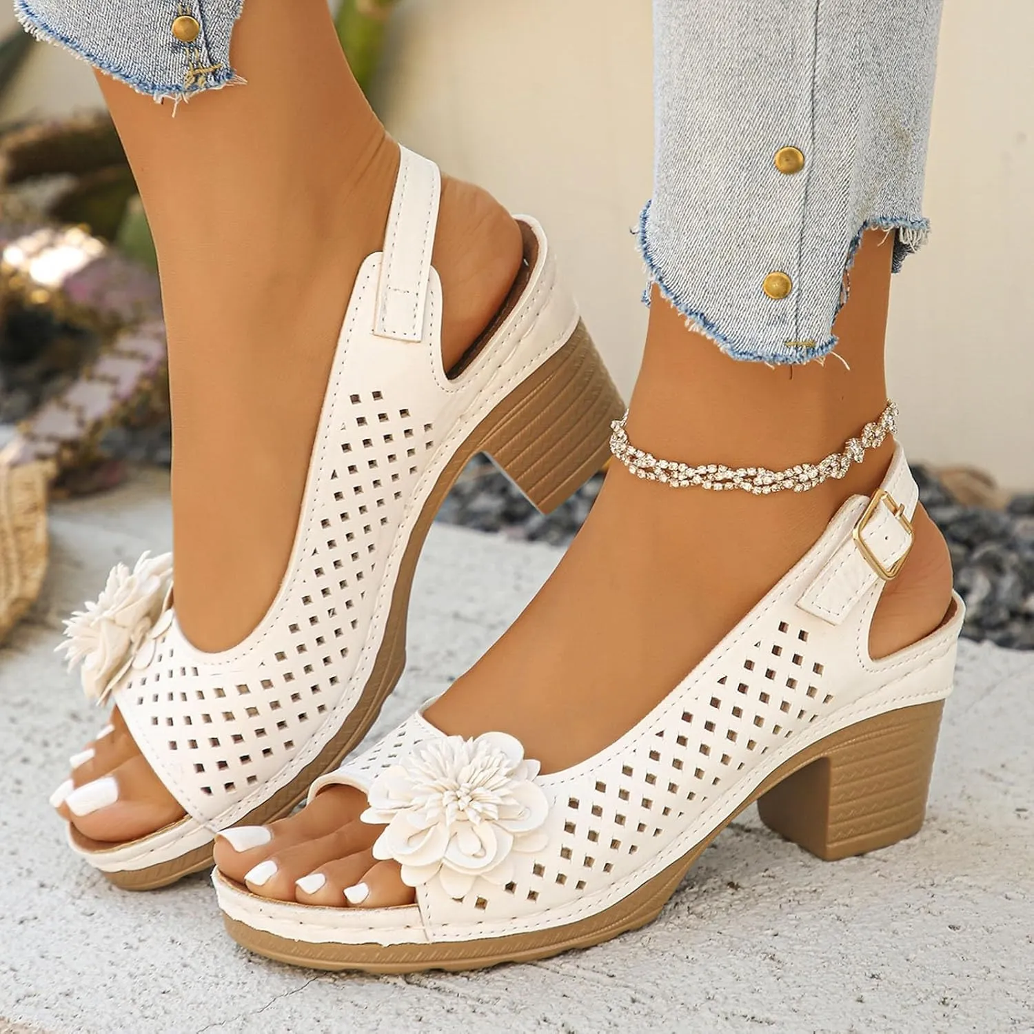Summer Sandals for Women 2025 New Dressy Open Toe Cutout Chunky Heeled Wedges Sandal Hollow Slip on Beach Boho Comfortable Shoe Outdoor Vacation Party Shoes