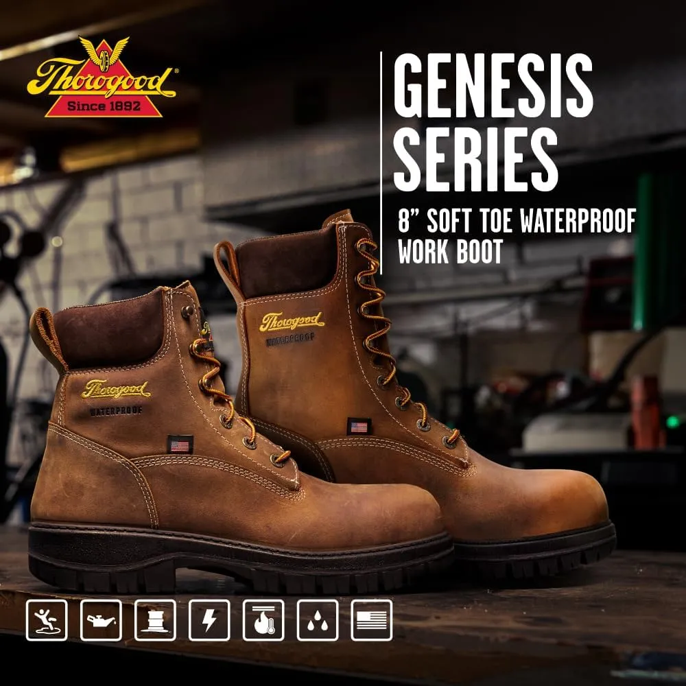 Thorogood 8” Waterproof Work Boots for Men - Genesis Series - Full-Grain Leather with Comfort Insoles and Slip-Resistant Nitrile Rubber Outsoles
