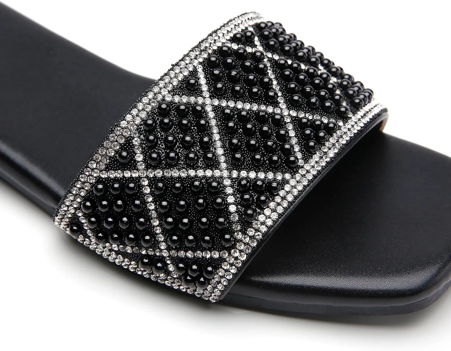 Tilocow Women Rhinestone Sandals Pearl Decor Slip on Bling Sandals Daily Casual Beach Summer Flat Shoes