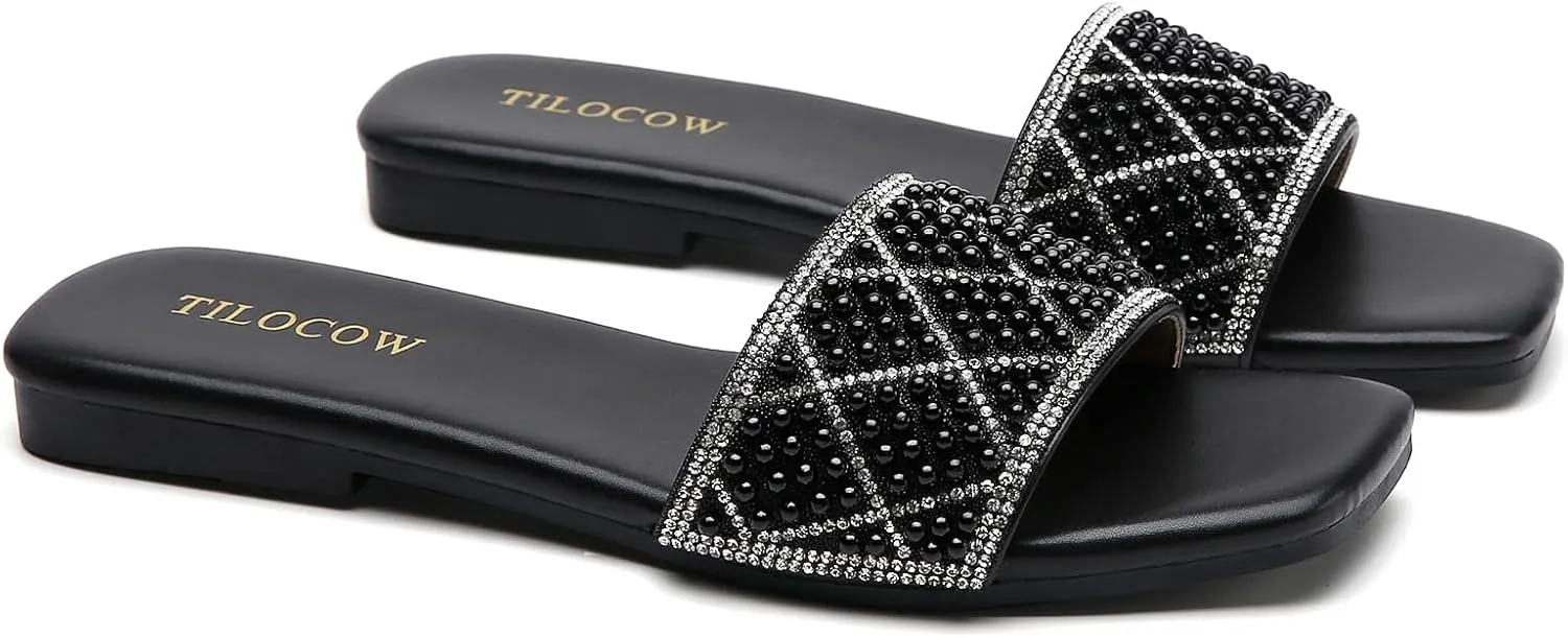 Tilocow Women Rhinestone Sandals Pearl Decor Slip on Bling Sandals Daily Casual Beach Summer Flat Shoes