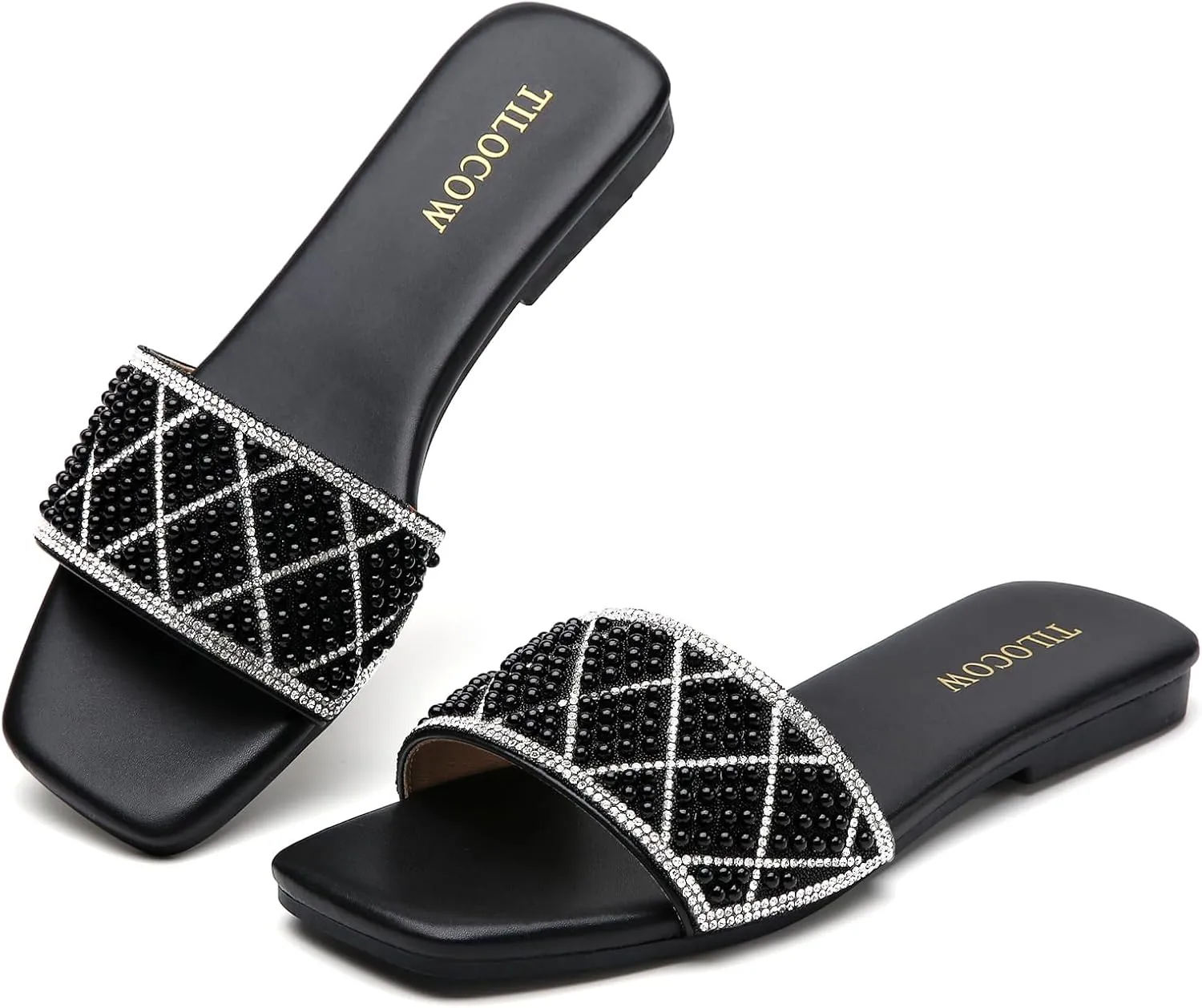 Tilocow Women Rhinestone Sandals Pearl Decor Slip on Bling Sandals Daily Casual Beach Summer Flat Shoes