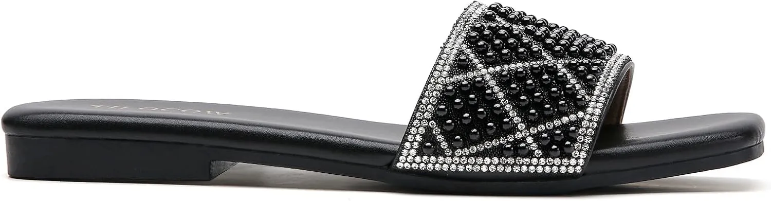 Tilocow Women Rhinestone Sandals Pearl Decor Slip on Bling Sandals Daily Casual Beach Summer Flat Shoes