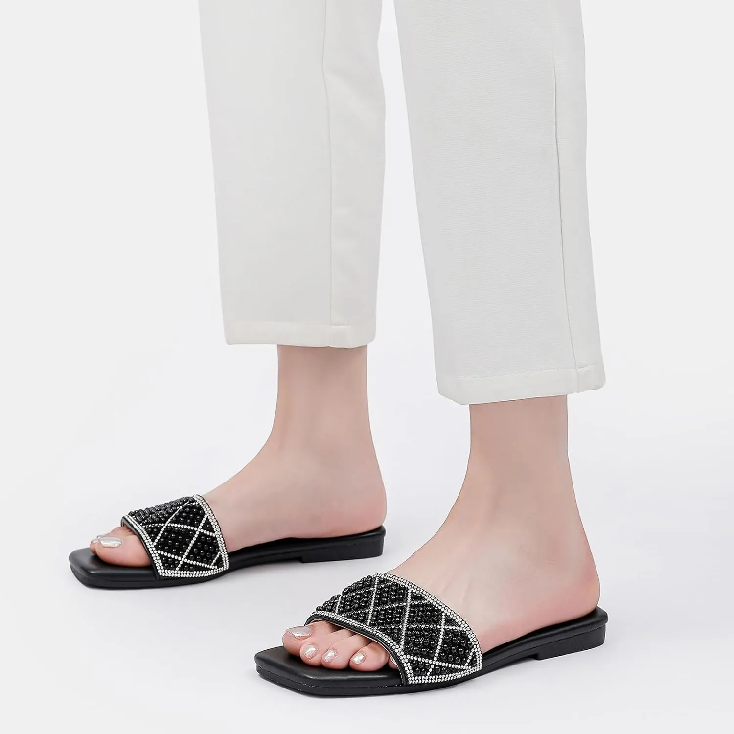 Tilocow Women Rhinestone Sandals Pearl Decor Slip on Bling Sandals Daily Casual Beach Summer Flat Shoes