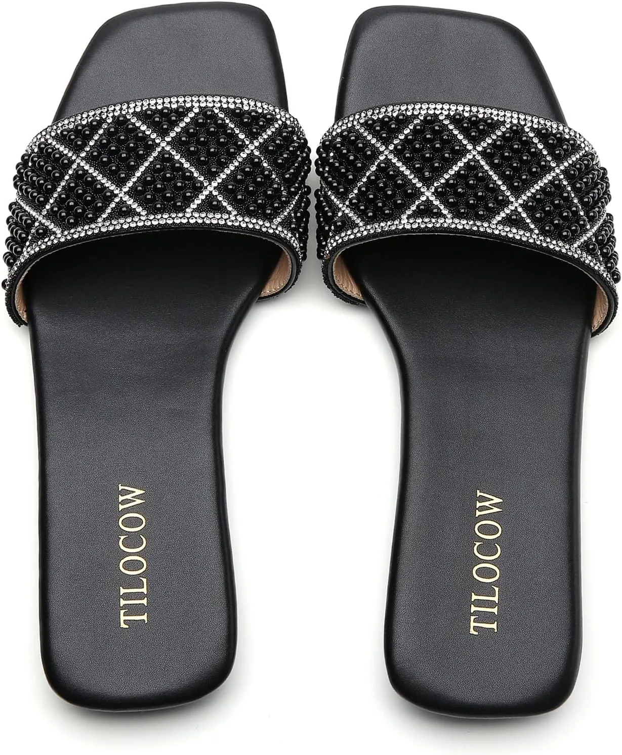 Tilocow Women Rhinestone Sandals Pearl Decor Slip on Bling Sandals Daily Casual Beach Summer Flat Shoes