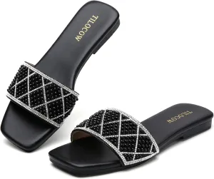 Tilocow Women Rhinestone Sandals Pearl Decor Slip on Bling Sandals Daily Casual Beach Summer Flat Shoes