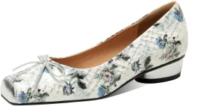 TinaCus Floral Genuine Leather Women's Square Toe Handmade Bowtie Low Heels Trendy Loafers Shoes