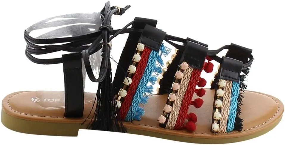 Top Guy Braided Rhinestone Bohemian Lace Up Tassel Flat Sandals
