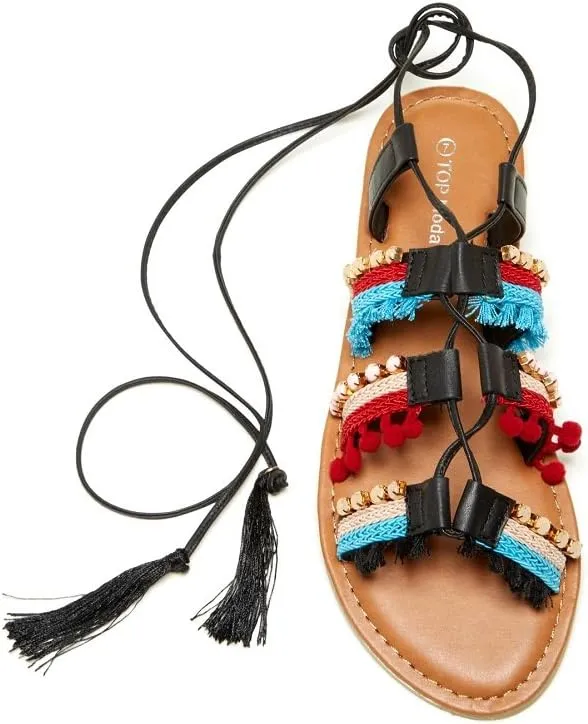 Top Guy Braided Rhinestone Bohemian Lace Up Tassel Flat Sandals