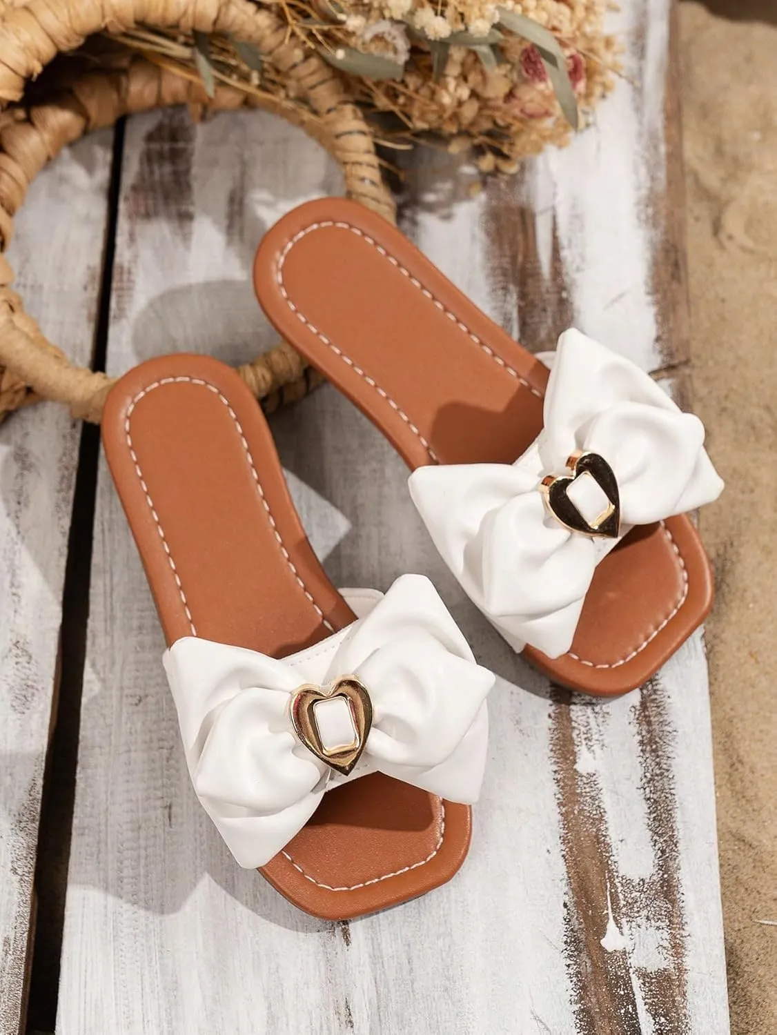 Verdusa Girl's Bow Flat Sandals Cute Slides Square Open Toe Sandals