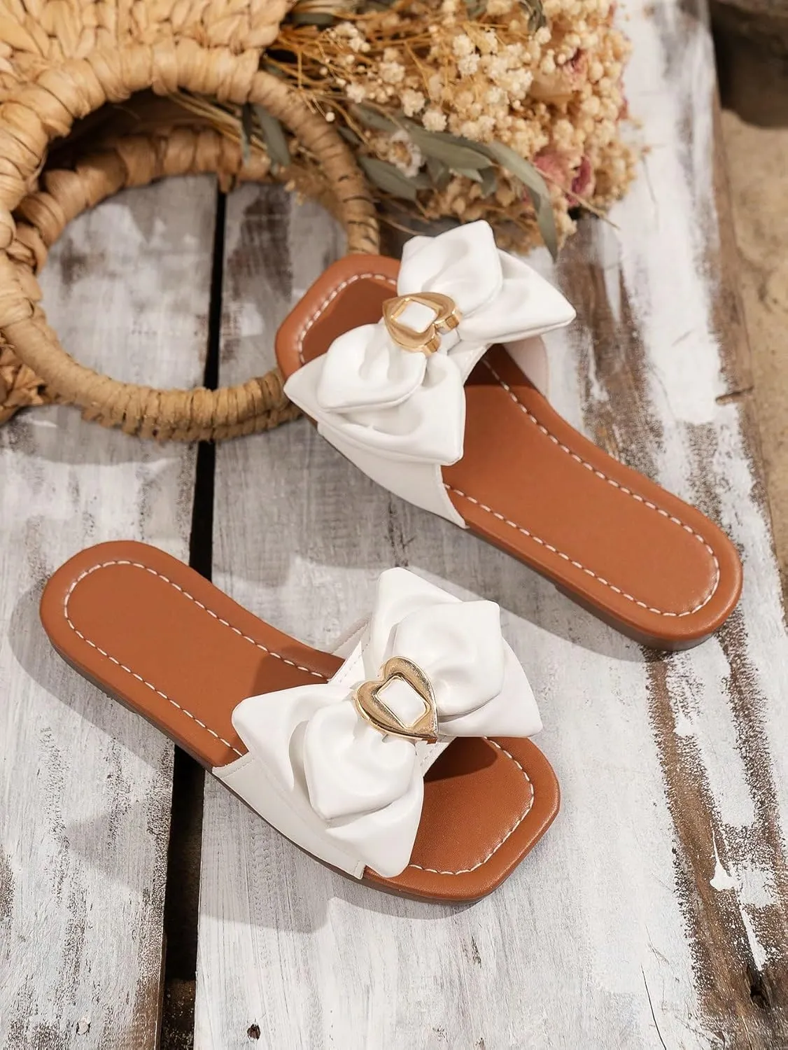 Verdusa Girl's Bow Flat Sandals Cute Slides Square Open Toe Sandals