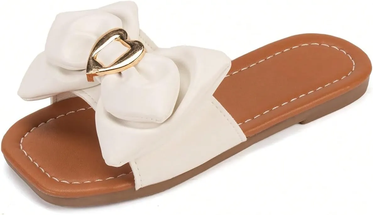 Verdusa Girl's Bow Flat Sandals Cute Slides Square Open Toe Sandals