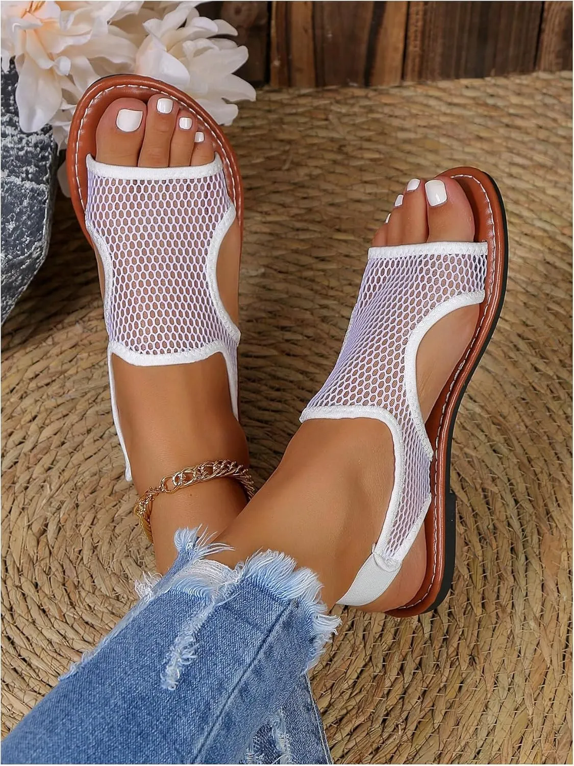 Verdusa Women's Mesh Hollow Out Sandals Cut Out Fishnet Summer Flat Open Toe Slides Sandals