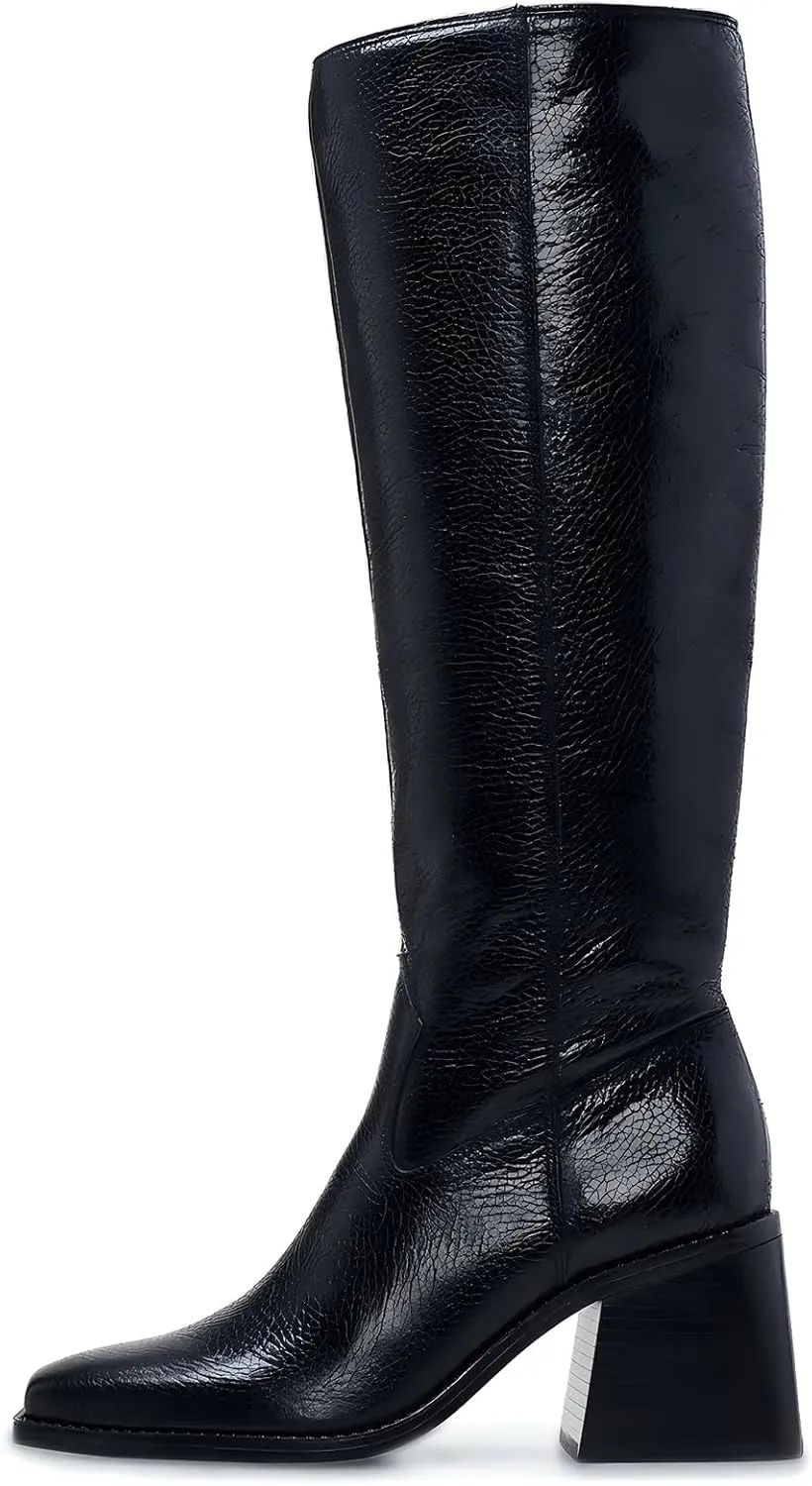 VOMIRA Knee High Boots Women Wide Calf Boots for Women Square Toe Tall Boots Chunky Heel Leather Long Boots Winter Fall Boots Black Boots for Women