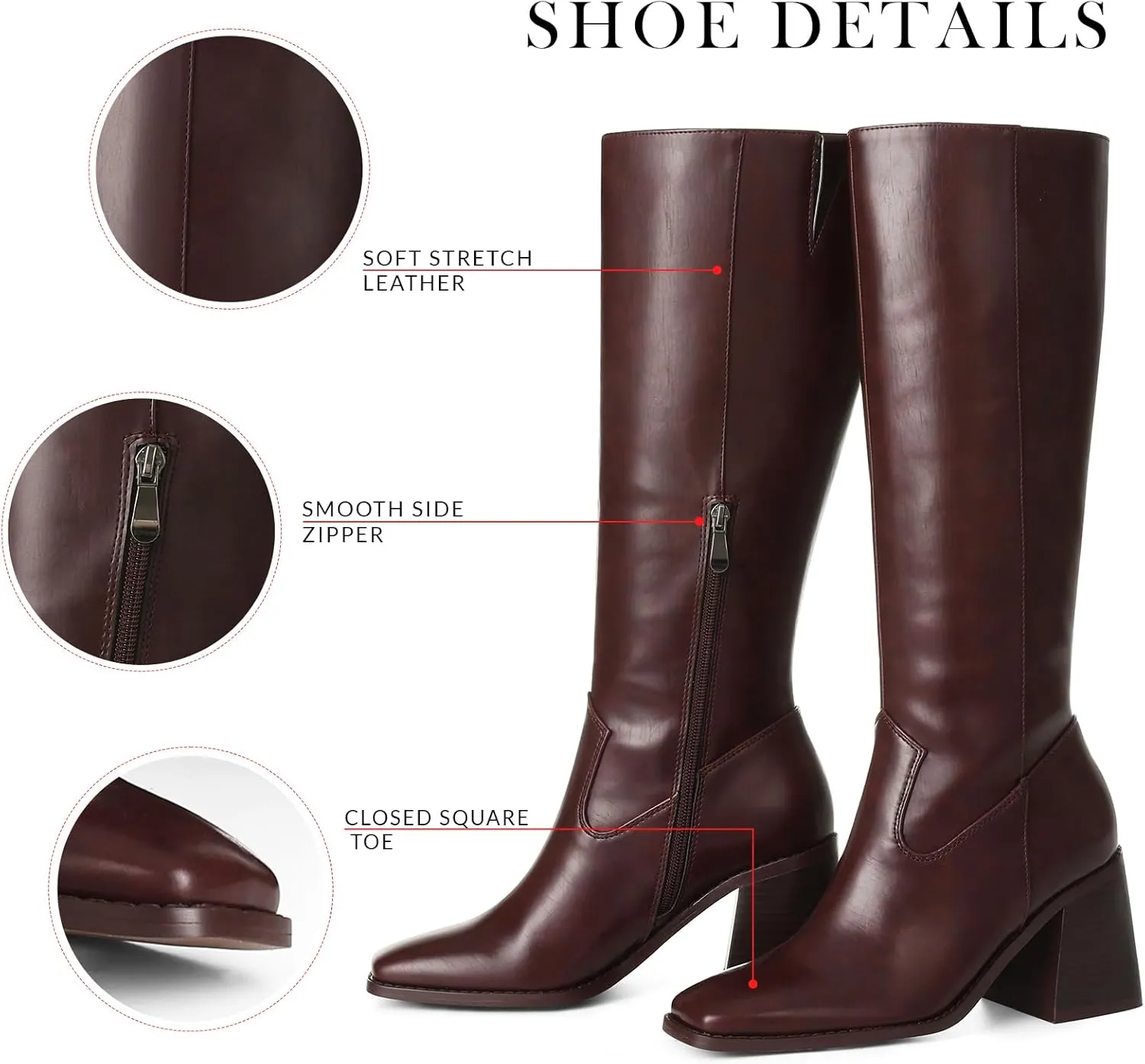 VOMIRA Knee High Boots Women Wide Calf Boots for Women Square Toe Tall Boots Chunky Heel Leather Long Boots Winter Fall Boots Black Boots for Women