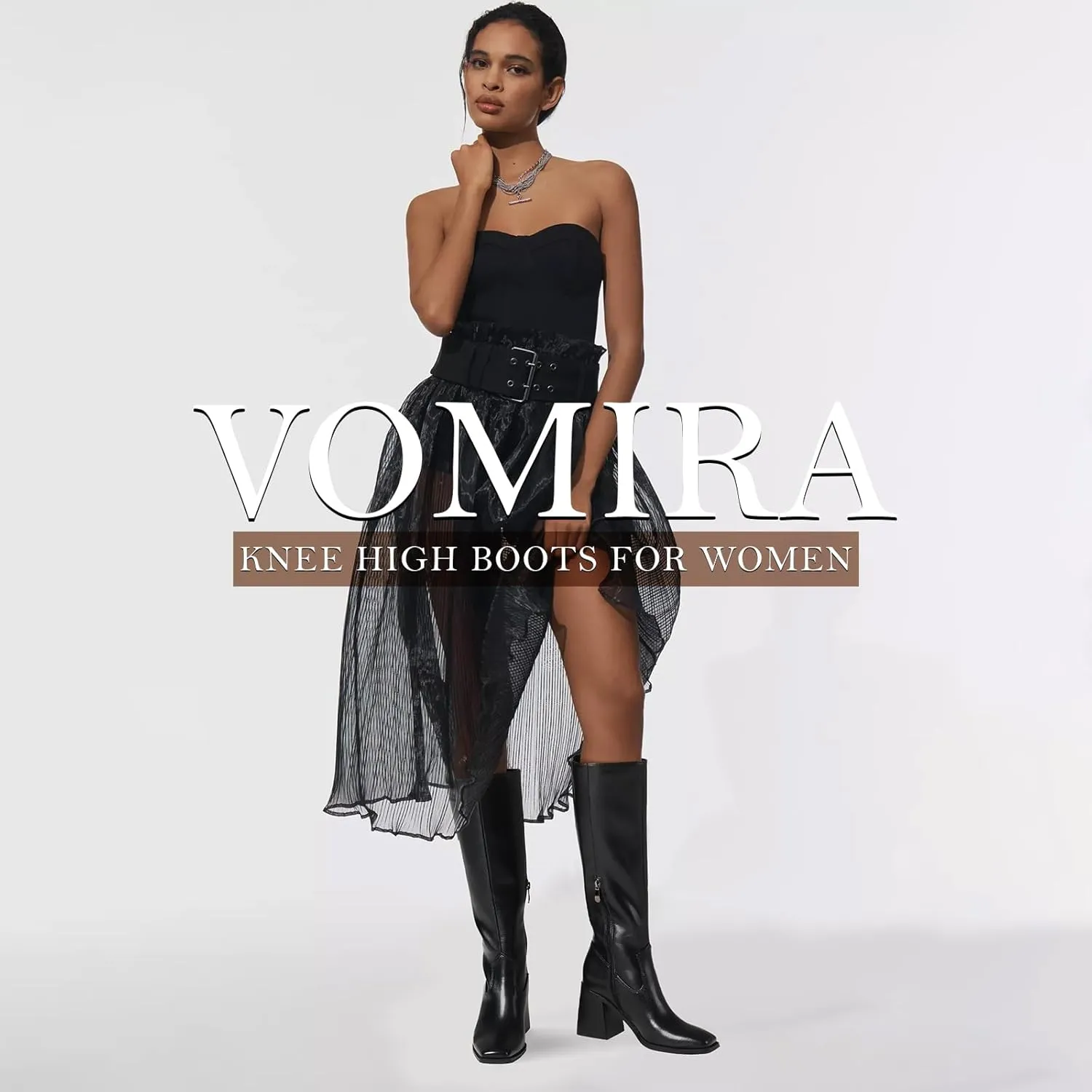 VOMIRA Knee High Boots Women Wide Calf Boots for Women Square Toe Tall Boots Chunky Heel Leather Long Boots Winter Fall Boots Black Boots for Women