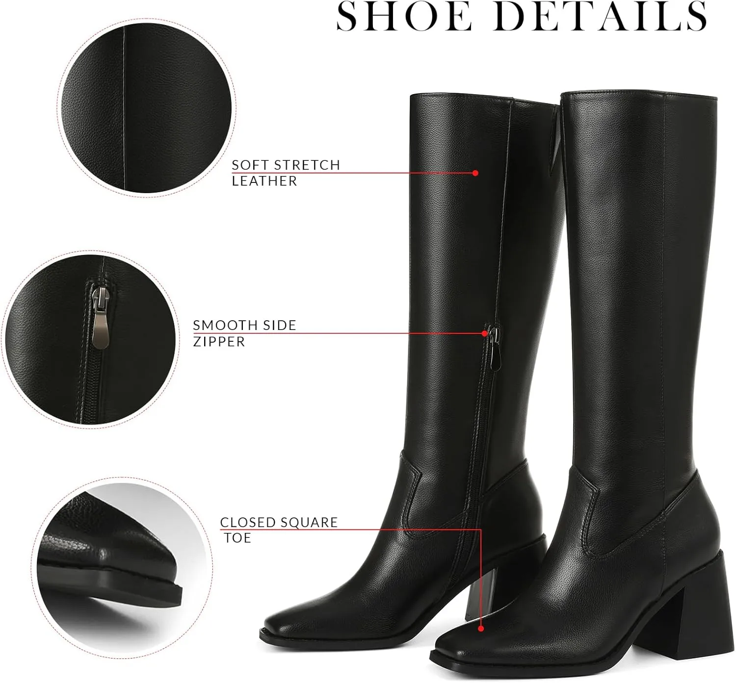 VOMIRA Knee High Boots Women Wide Calf Boots for Women Square Toe Tall Boots Chunky Heel Leather Long Boots Winter Fall Boots Black Boots for Women