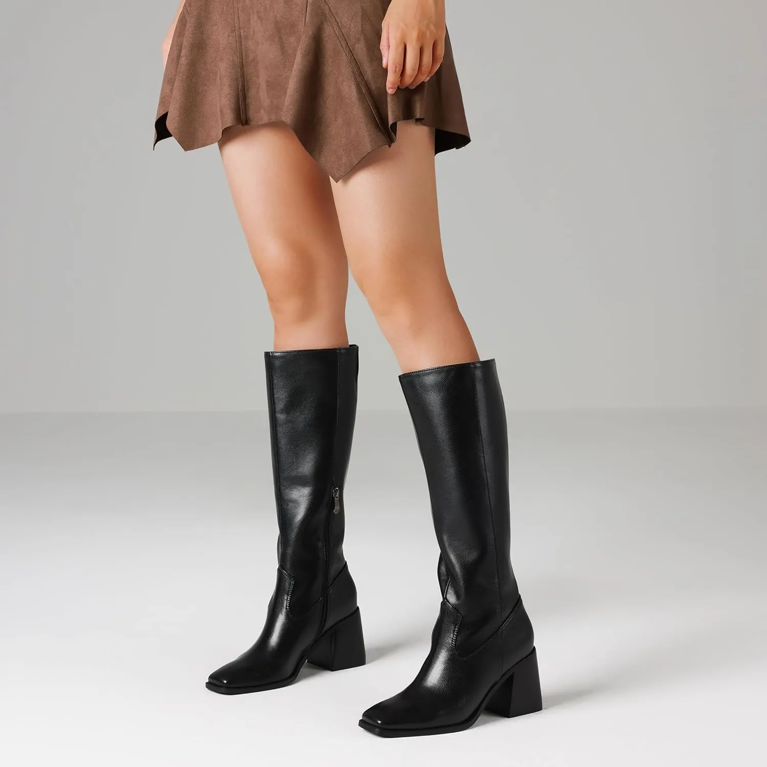 VOMIRA Knee High Boots Women Wide Calf Boots for Women Square Toe Tall Boots Chunky Heel Leather Long Boots Winter Fall Boots Black Boots for Women