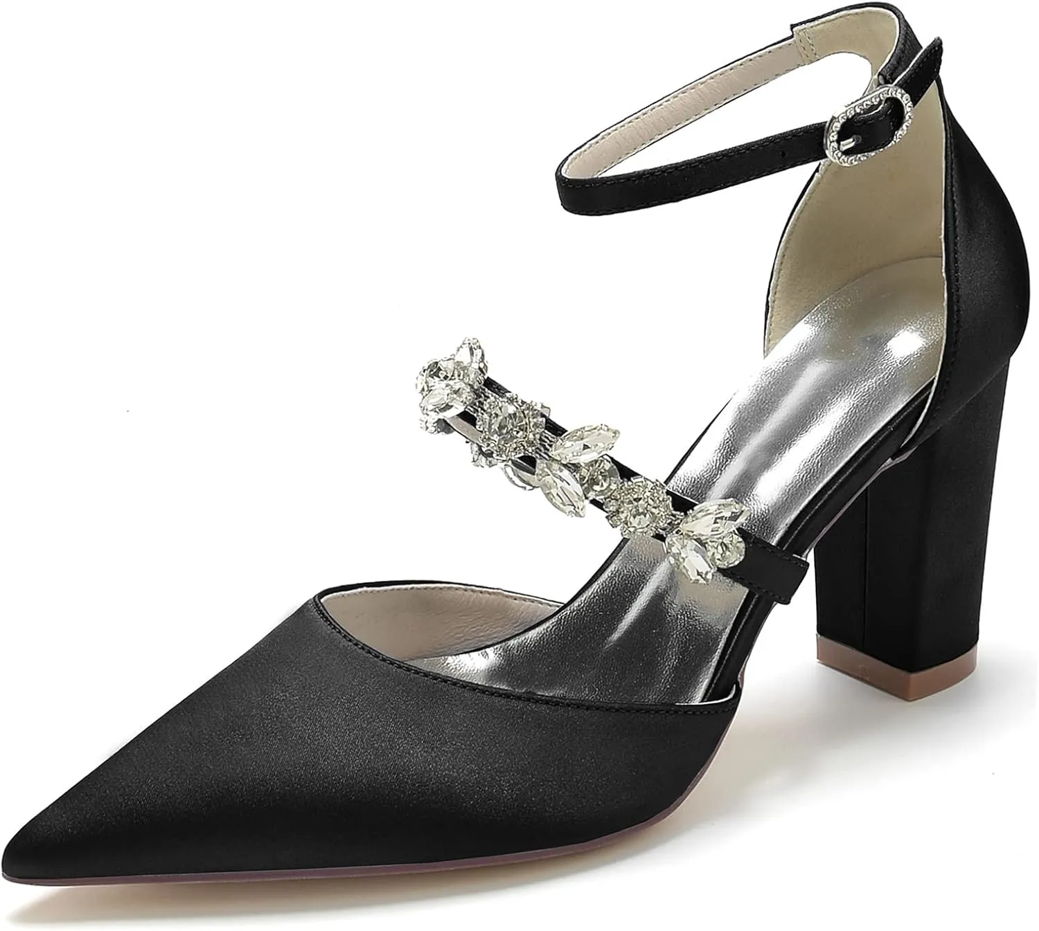 Wedding Shoes for Bride Sandals Satin Bridal Shoes Pointed Toe Chunky Block Heels for Women Sexy Dress Shoes Closed Toe Strap Ankle Buckle High Heels