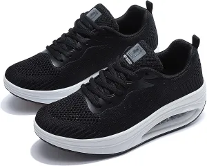 WENOREG Women's Breathable Mesh Air Cushion Sneakers,Fashion Lace-up 3D Orthopedic Beef Tendon Platform Bottom Sneakers for Foot Pain Relief,Comfort Elastic Woven Casual Walking Shoes