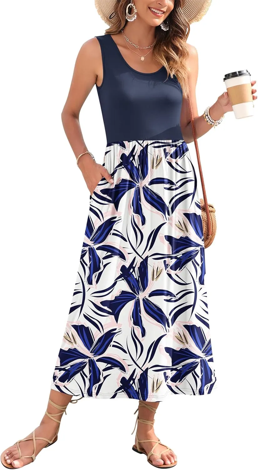 WNEEDU Women's Summer Maxi Dress 2025 Casual Sleeveless Hawaiian Sundress Tropical Long Dress Beach Vacation Outfit
