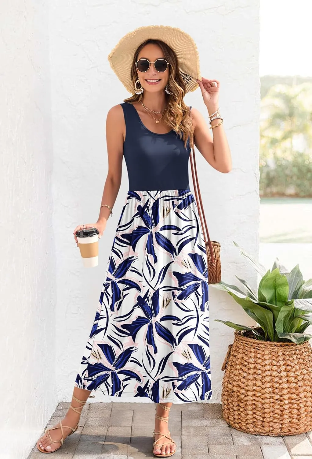WNEEDU Women's Summer Maxi Dress 2025 Casual Sleeveless Hawaiian Sundress Tropical Long Dress Beach Vacation Outfit