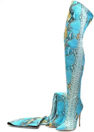WOilERQ Women Colorblock Snake Print Over The Knee Boots Stiletto High Heel Fashion Dress Boots Sexy Pointy Toe Back Zipper Thigh High Boots Long Boots