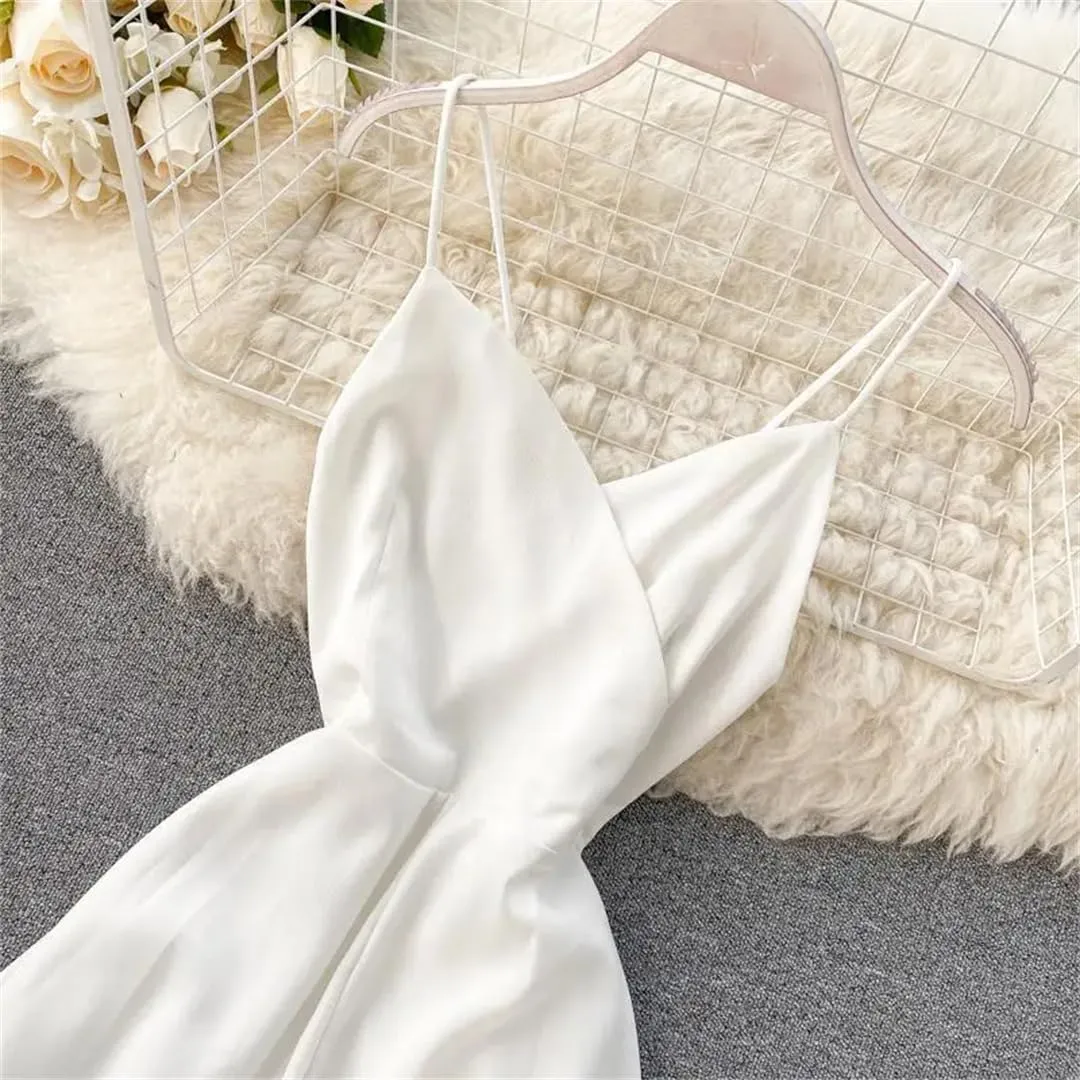 Women Bohemian White Beach Long Dress Spaghetti Strap A-Line Backless Dresses