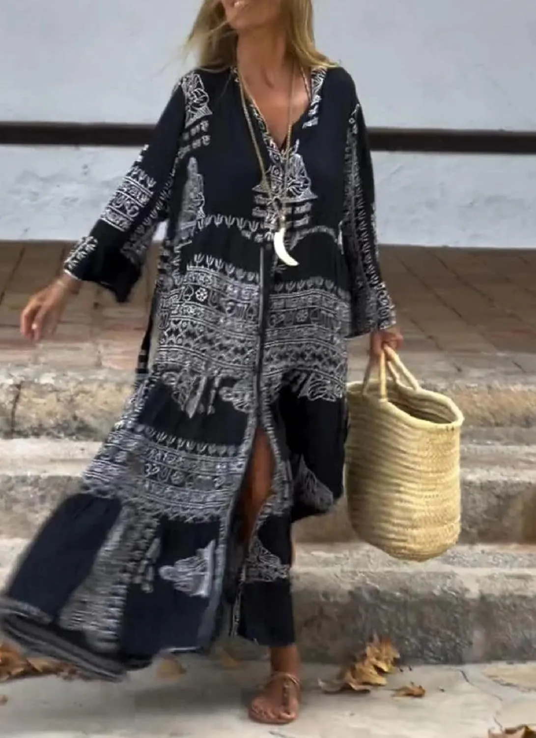 Women Casual Bohemian Print Dress V Neck Bell Sleeve 2025 Summer Shift Casual Loose Flowy Trendy Maxi Dress