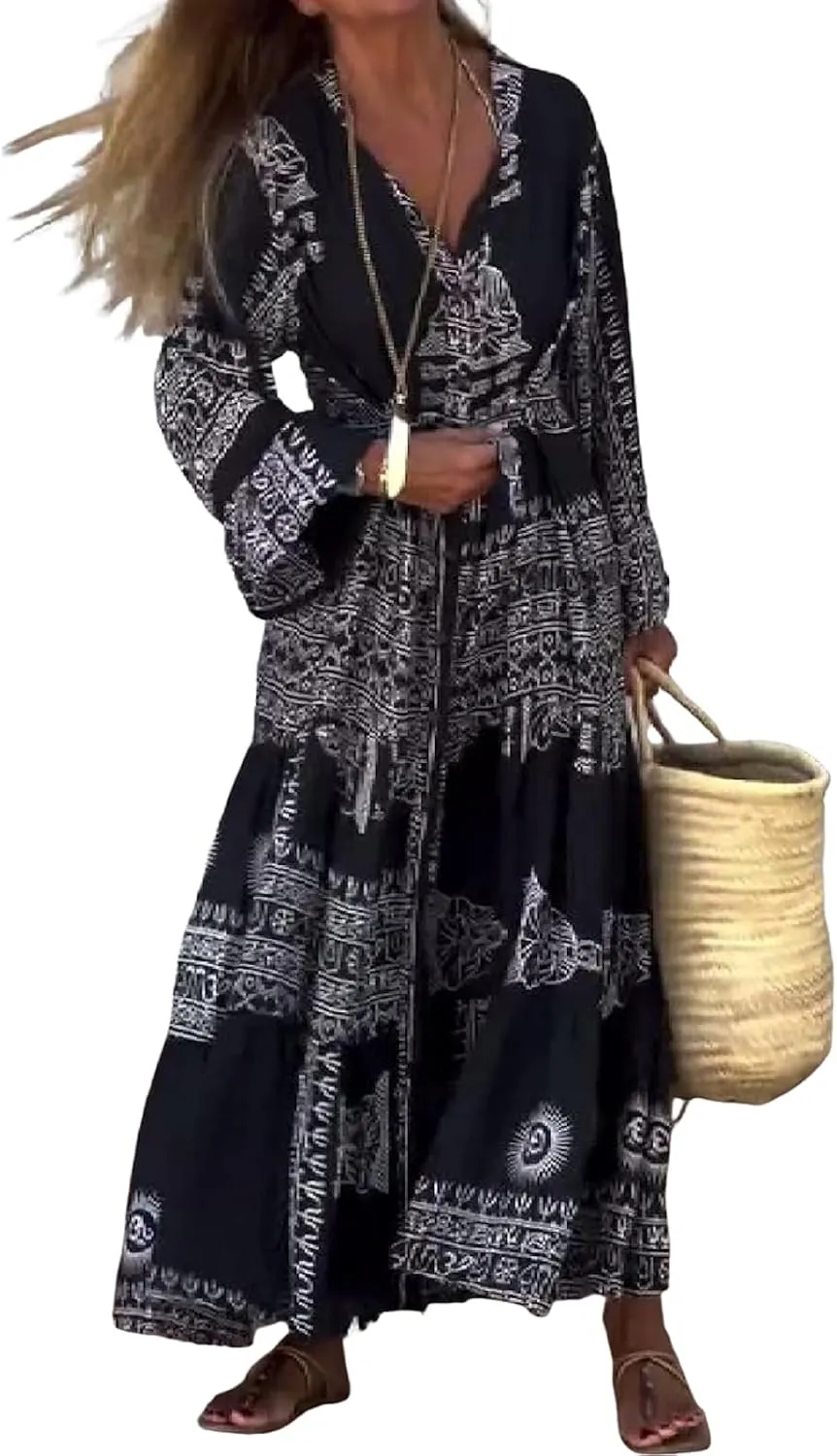 Women Casual Bohemian Print Dress V Neck Bell Sleeve 2025 Summer Shift Casual Loose Flowy Trendy Maxi Dress