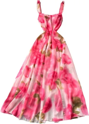 Women Chiffon Floral Print Sundress Ruffles Straps Zipper Backless Beach Party Dress