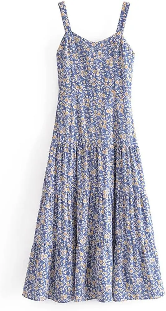 Women Floral Print Chiffon Dress Spaghetti Strap Party Midi Dresses Square Collar