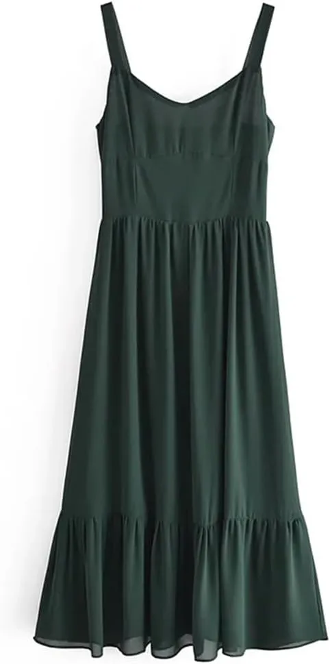 Women Floral Print Chiffon Dress Spaghetti Strap Party Midi Dresses Square Collar