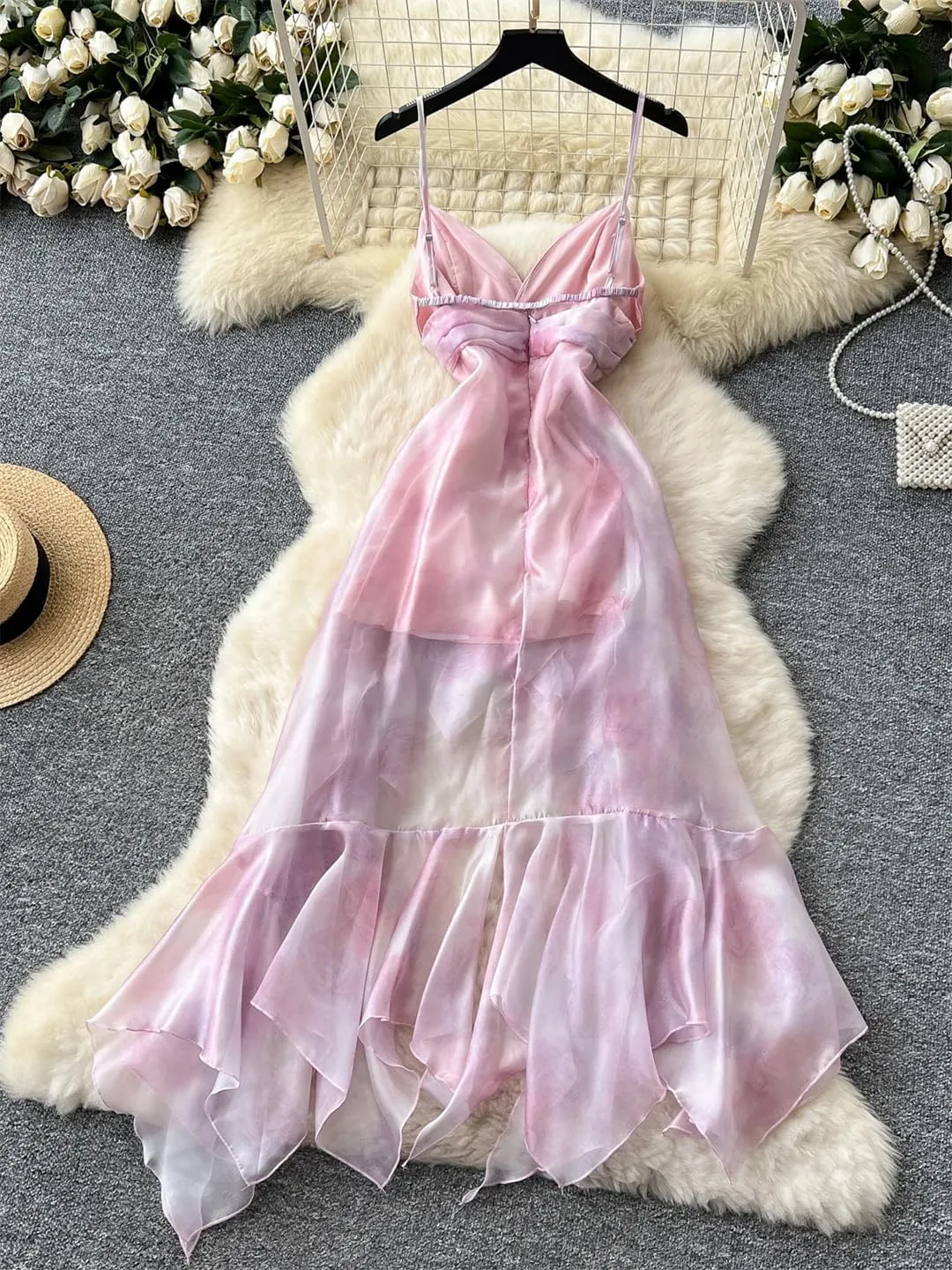 Women Holiday Beach Irregular Dress Sleeveless Spaghetti Strap Backless Long Dresses Evening Party