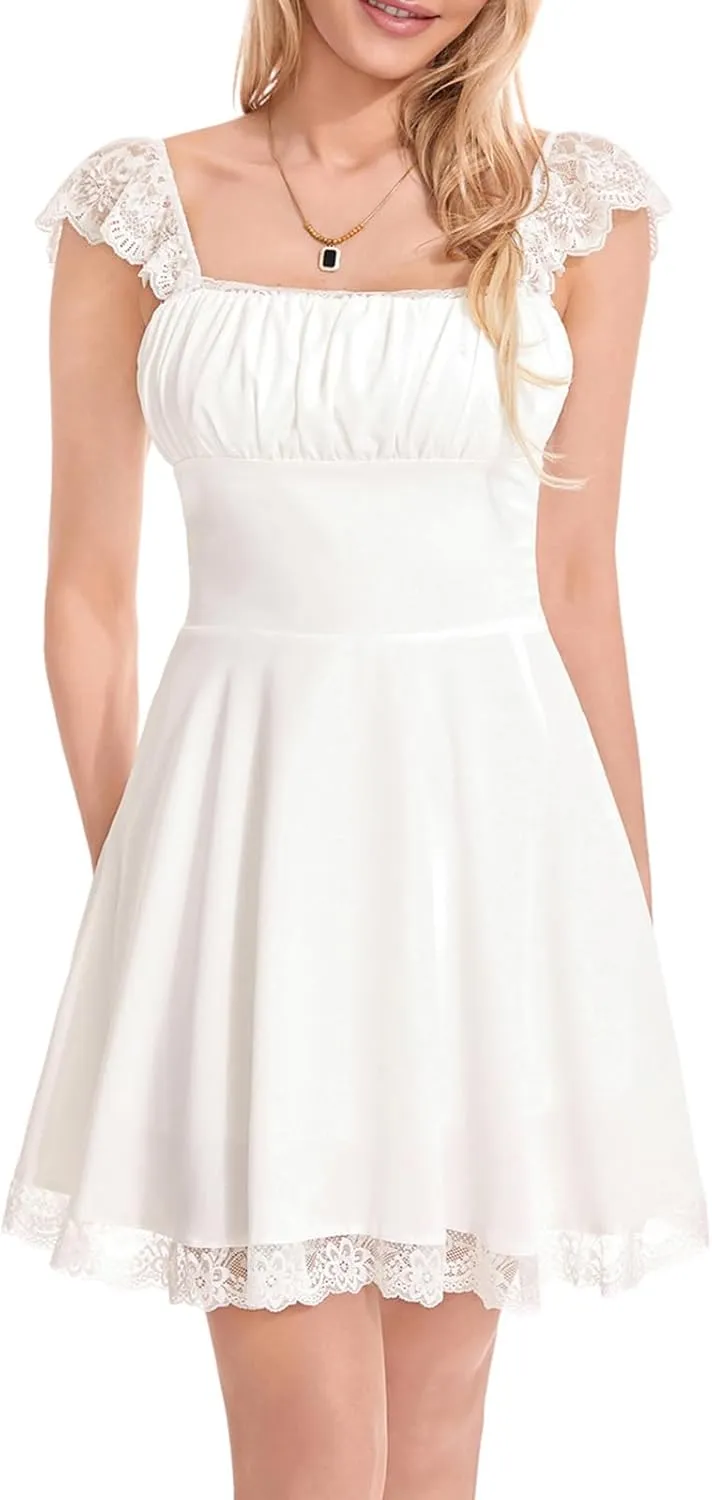 Women Lace Trim Short Dress Y2k Low Cut Sleeveless Mini Dress Ruched Bust Lace-up Corsets Spaghetti Strap Dress