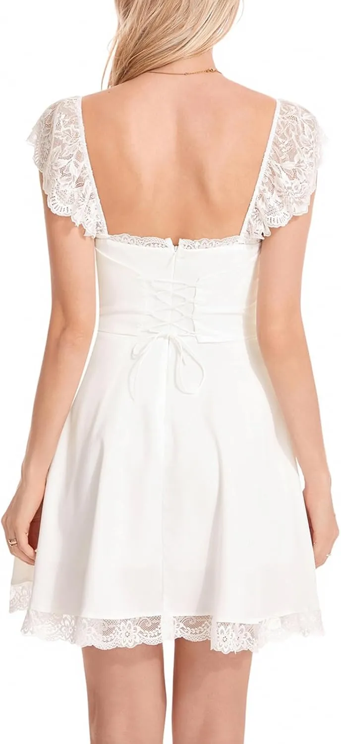 Women Lace Trim Short Dress Y2k Low Cut Sleeveless Mini Dress Ruched Bust Lace-up Corsets Spaghetti Strap Dress