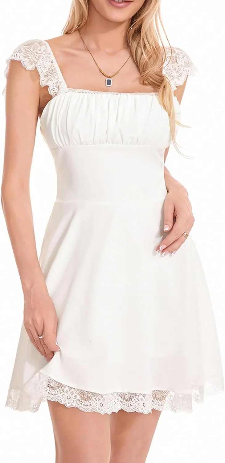 Women Lace Trim Short Dress Y2k Low Cut Sleeveless Mini Dress Ruched Bust Lace-up Corsets Spaghetti Strap Dress