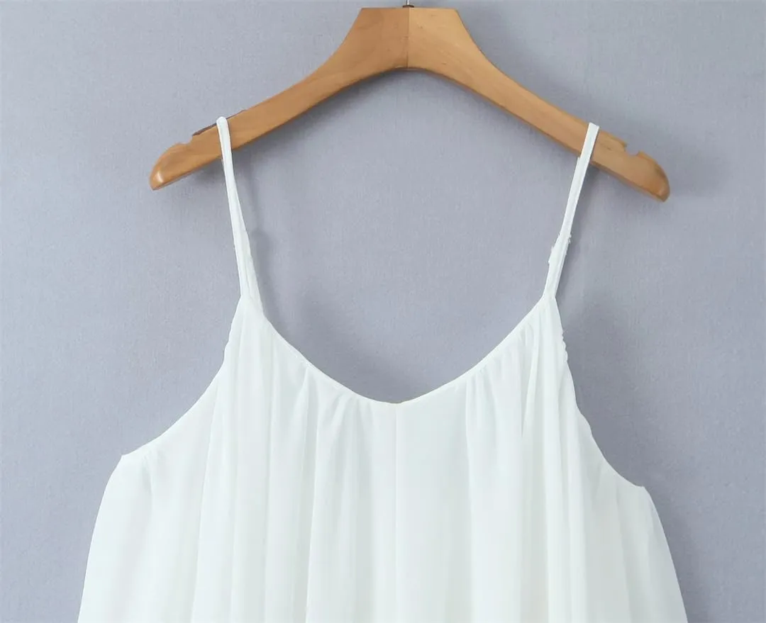 Women White Big Backless Spaghetti Strap Dress Back Zipper Loose Swing Mini Dresses Holiday Robe